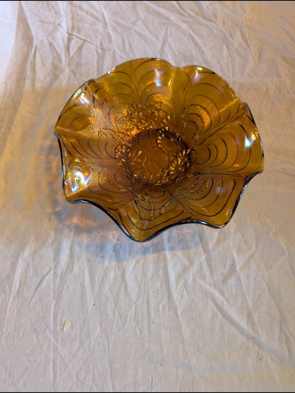 2/60$ Iridescent Amber Glass Decorative Bowl - Elegant Ruffled Accent